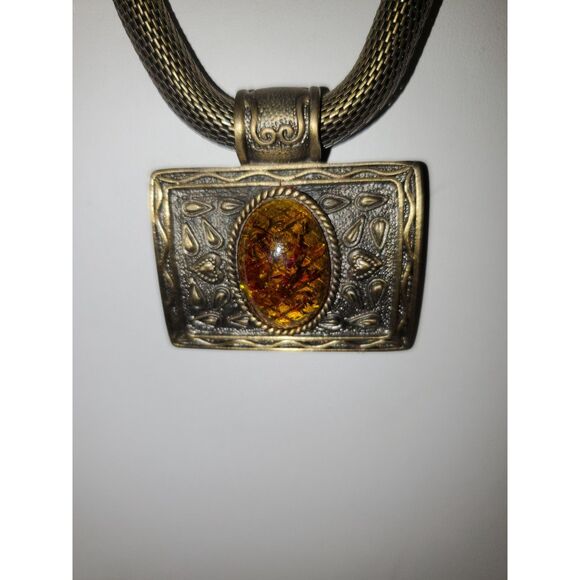 A Chunky Amber Colored Stone And Pewter Boho Brutalist Necklace Snake Chain - Picture 2 of 8